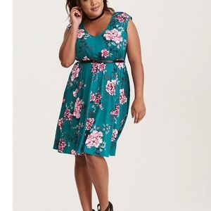 TURQUOISE FLORAL PRINT CHALLIS SKATER DRESS
